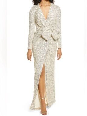 Eliza J Silver Sequin Wrap Maxi Dress with Long Sleeves